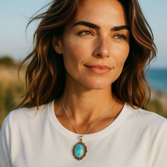 Vintage Estate Turquoise Necklace Pendant Unique Oval Framed Sterling Silver - Picture 2 of 5